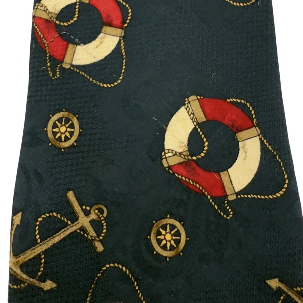 Vtg Stars Stripes Nautical Maritime Silk Tie Mens Anchor Life Ring Shipwheel USA
